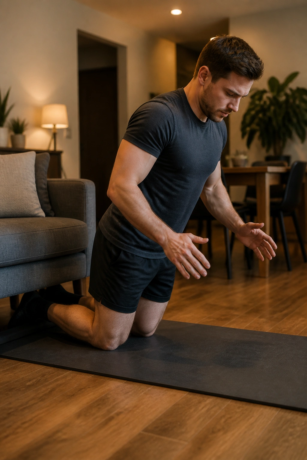 Person performing assisted Nordic hamstring lowers on a mat with feet anchored