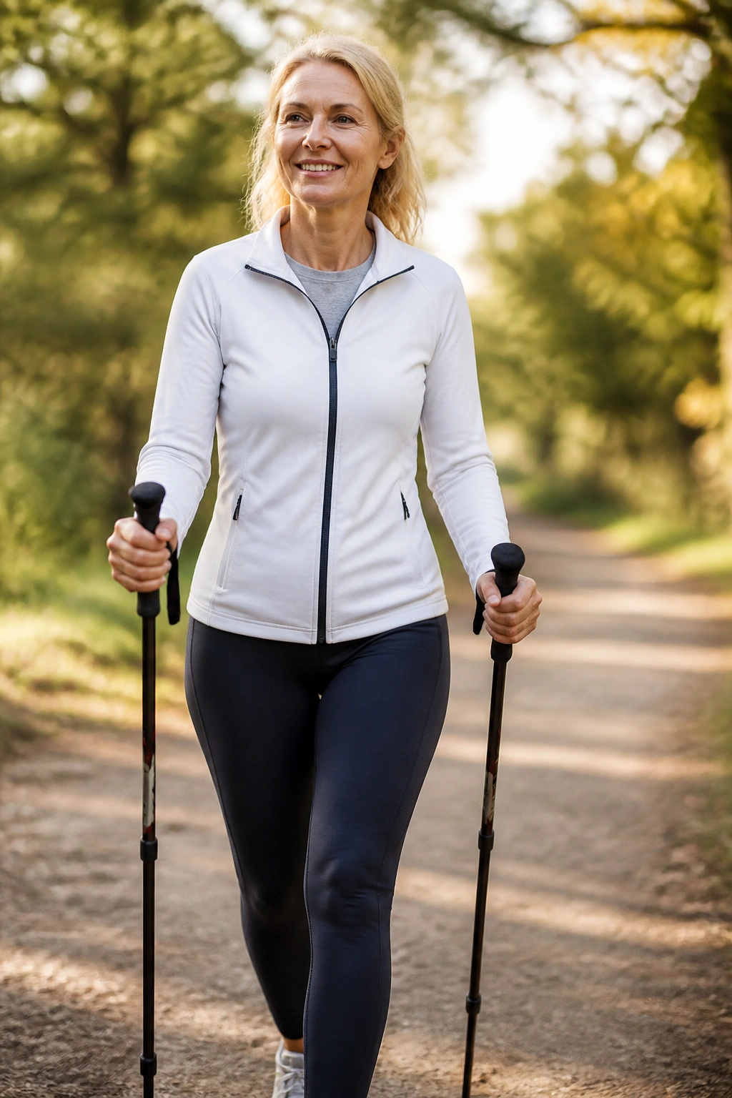 Person Nordic walking outdoors with poles on a tree-lined path