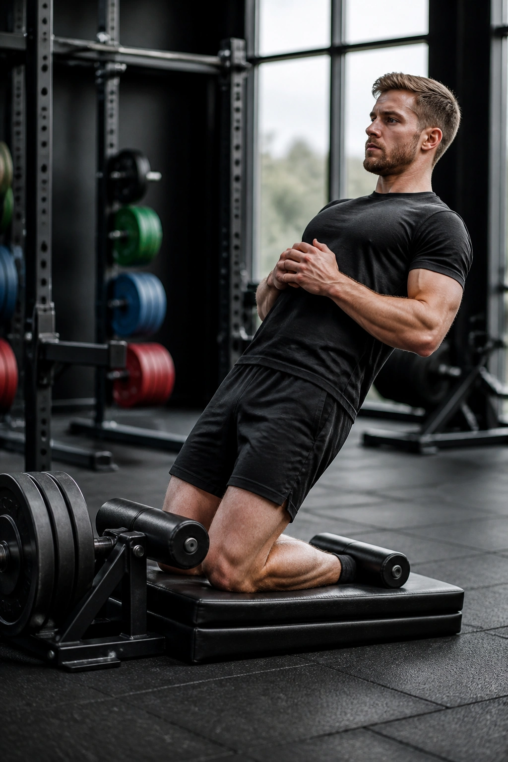 Medium close-up of a real athlete performing Nordic curls to strengthen hamstrings in a gym
