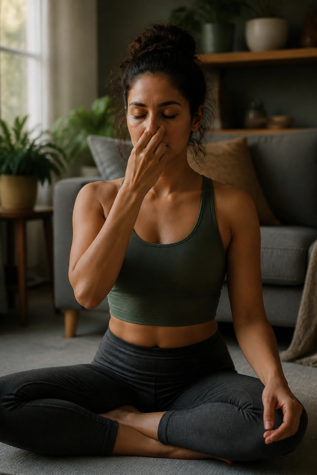 Close-up of a person in Easy Seat performing alternate nostril breathing with calm expression