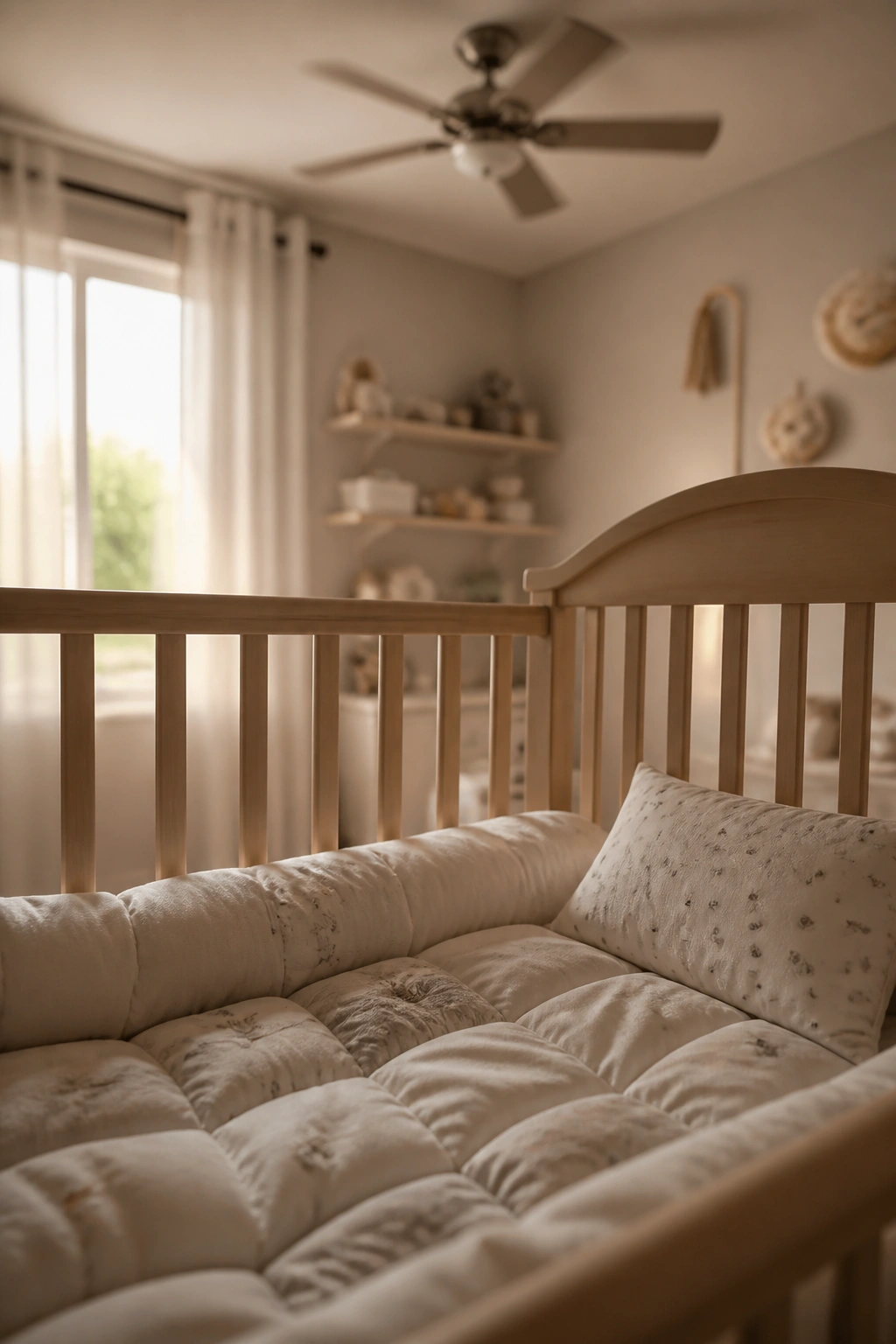 Close-up of a nursery crib with soft bedding and natural light indicating air flow and temperature comfort