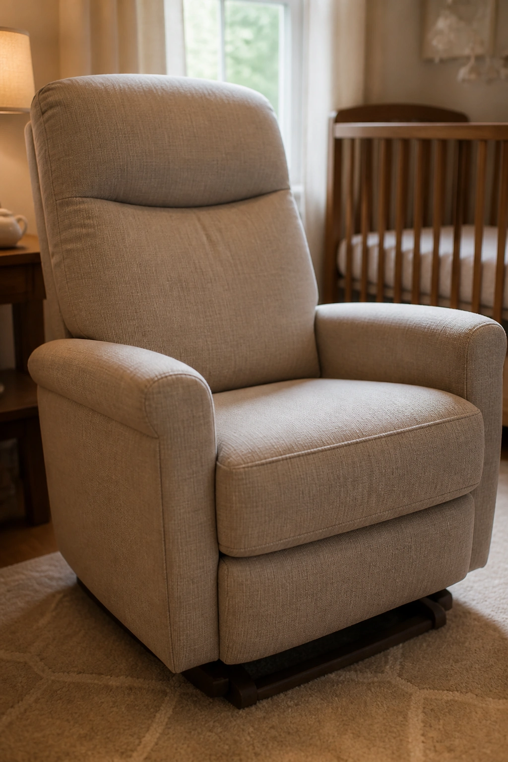 Close-up of a nursery glider chair with ergonomic back and armrests in a softly lit nursery
