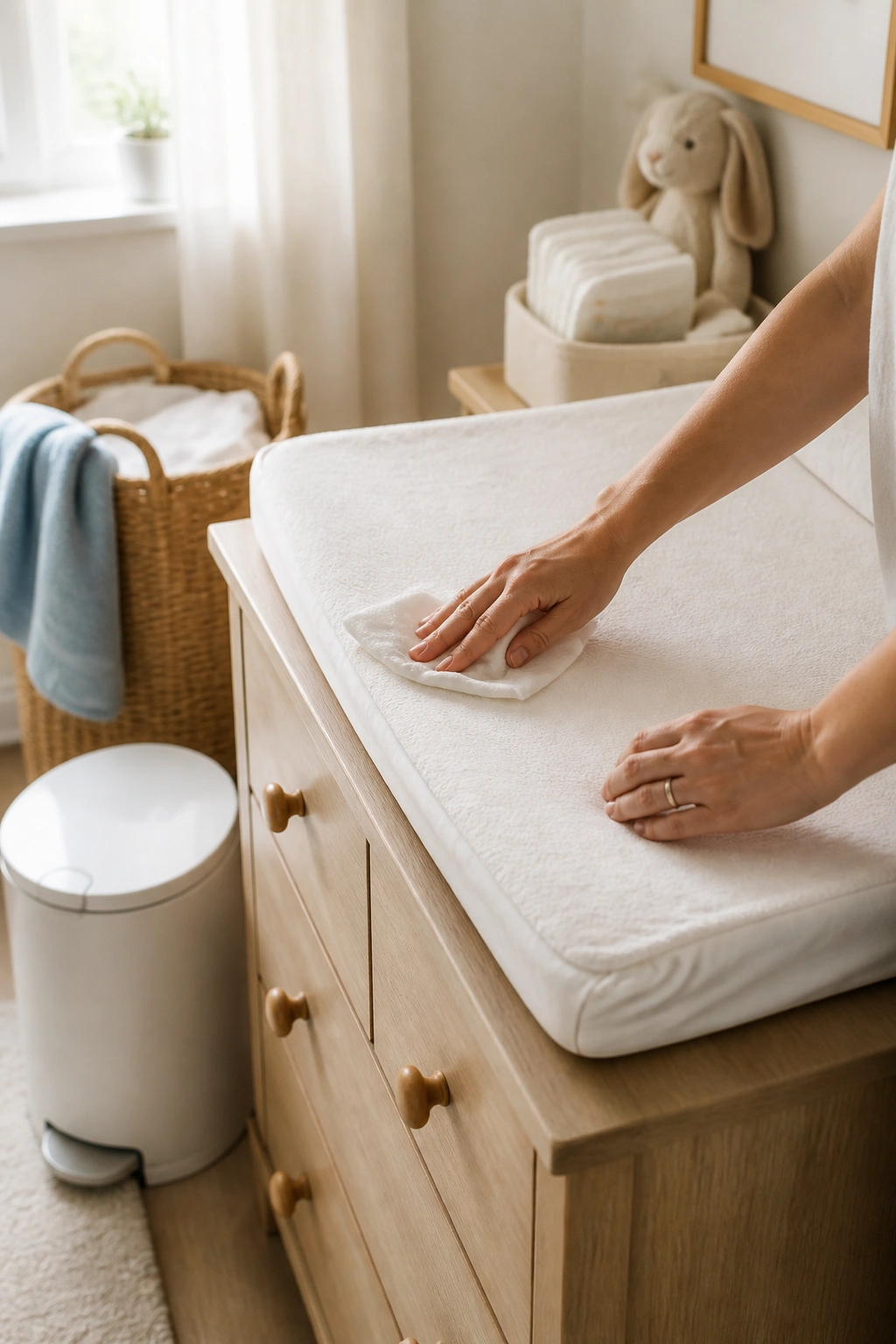 Close-up of hands wiping a nursery changing pad as part of a quick five-minute cleaning routine