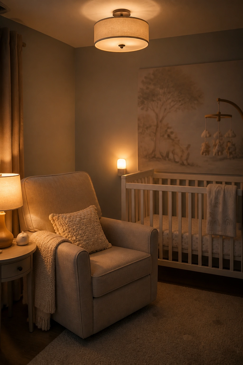 Cozy nursery corner with layered warm lighting sources