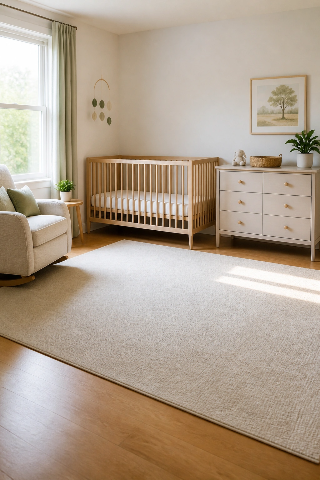 Nursery with a large open floor area and simple crib and dresser