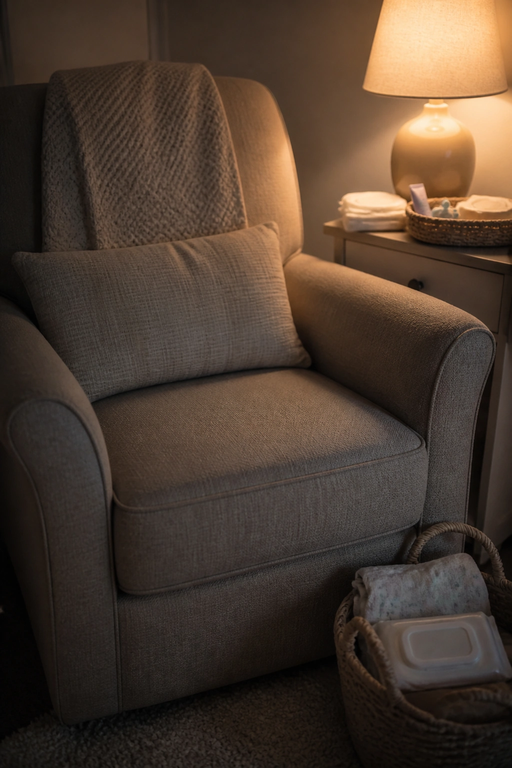 Cozy nursery corner with a chair, small table, dim light and a storage basket