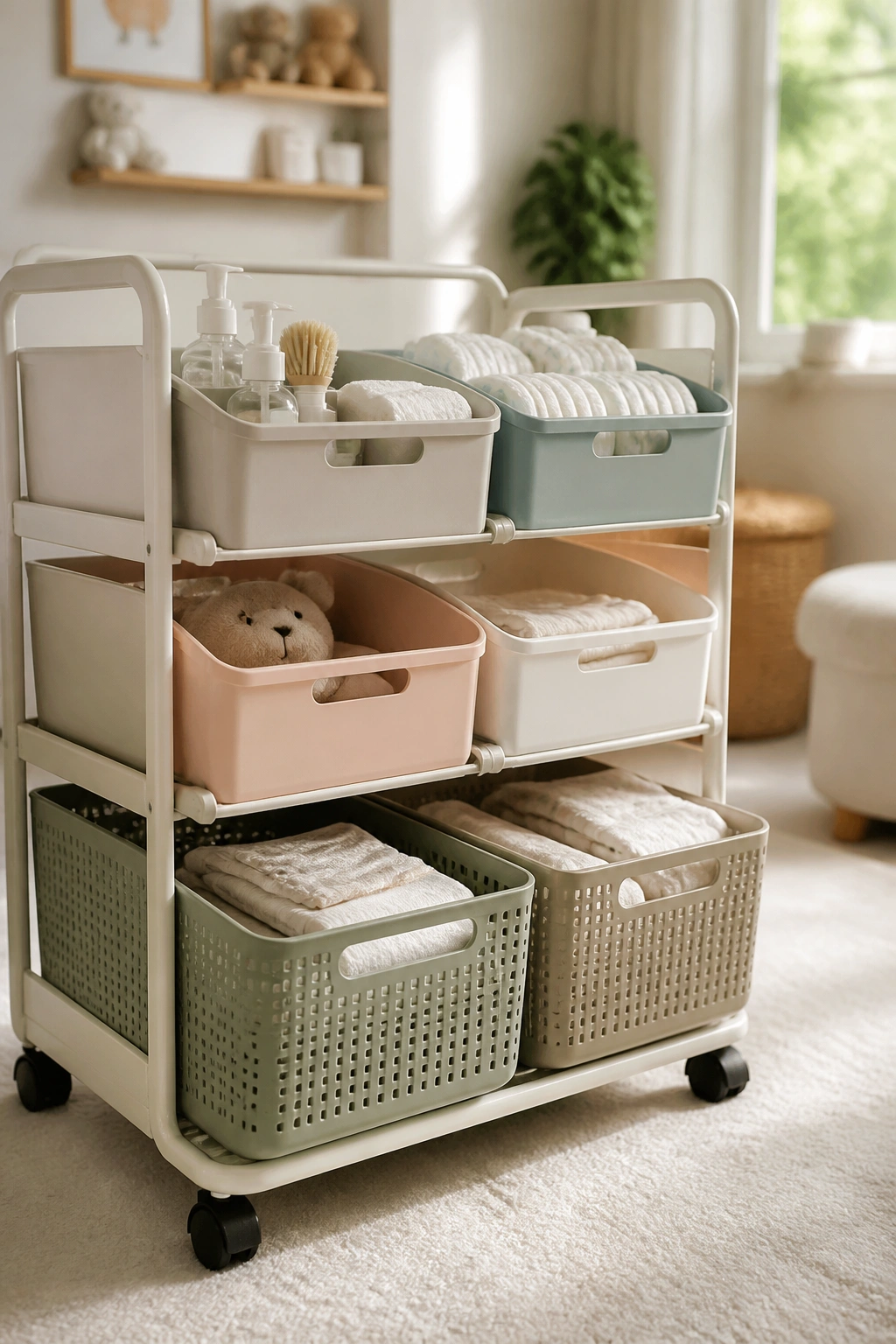Modular storage cart on wheels with baskets in a bright nursery