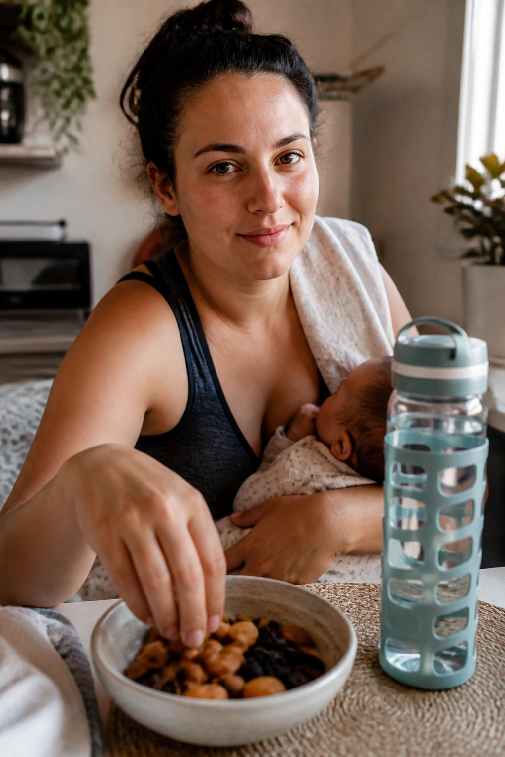 Close-up portrait of a nursing parent in a cozy kitchen reaching for a snack and water.