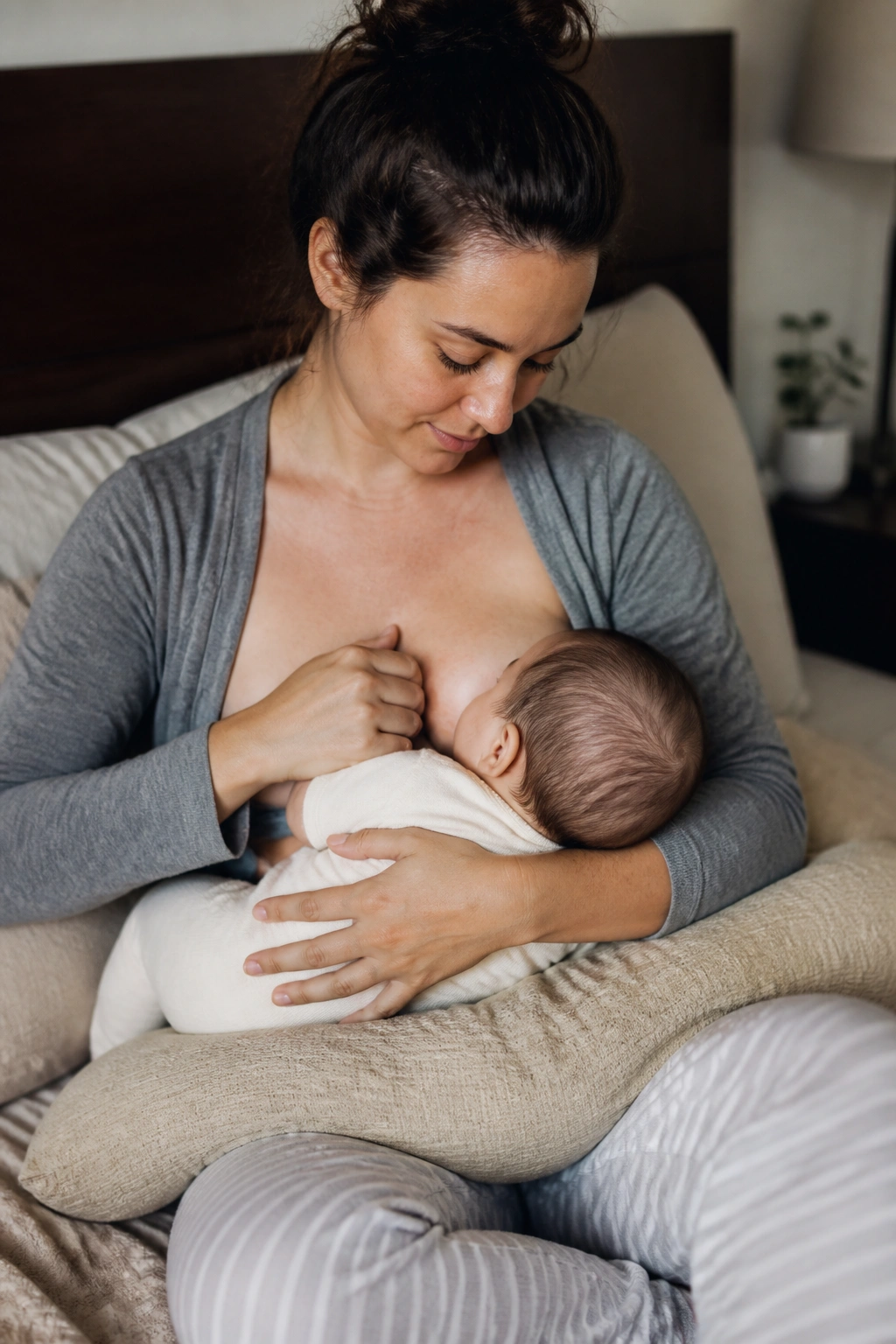 Mother in cross-cradle nursing position with baby at breast