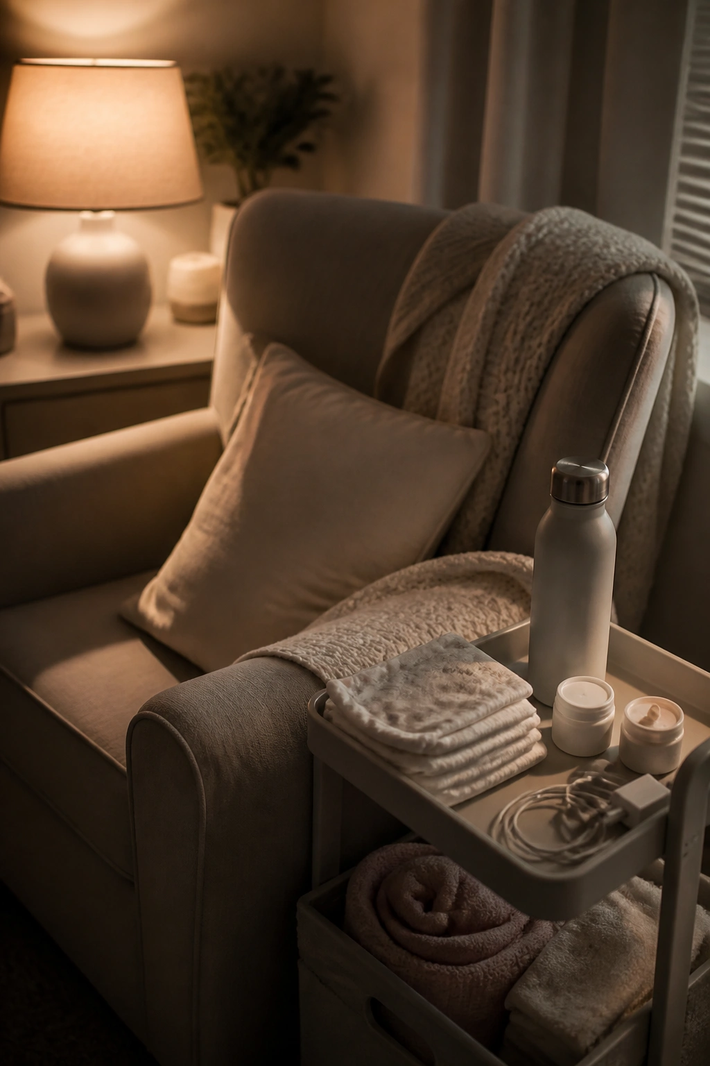 Cozy nursing corner with chair and supplies within arm's reach in dim light