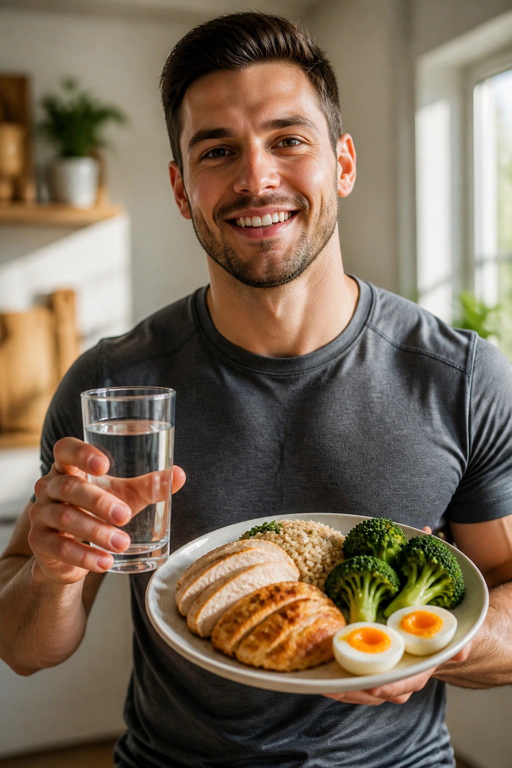 Person holding a protein-packed meal and water in a sunlit kitchen.