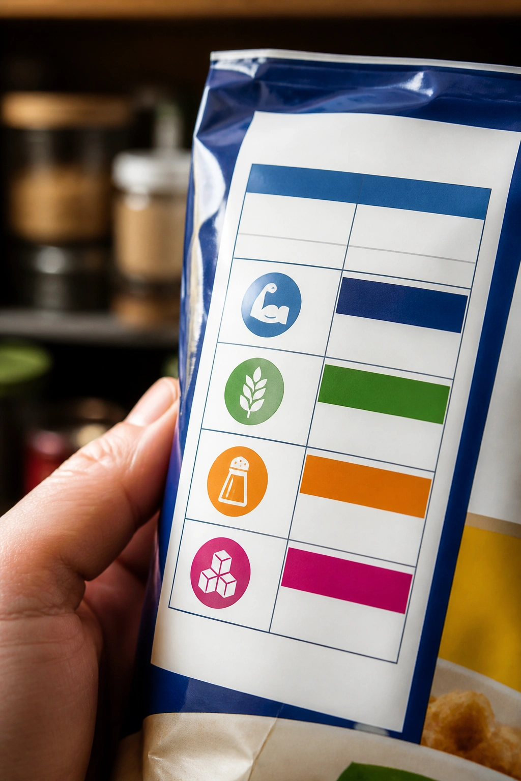 Non-text nutrition label panel with nutrient-icons on a food package.
