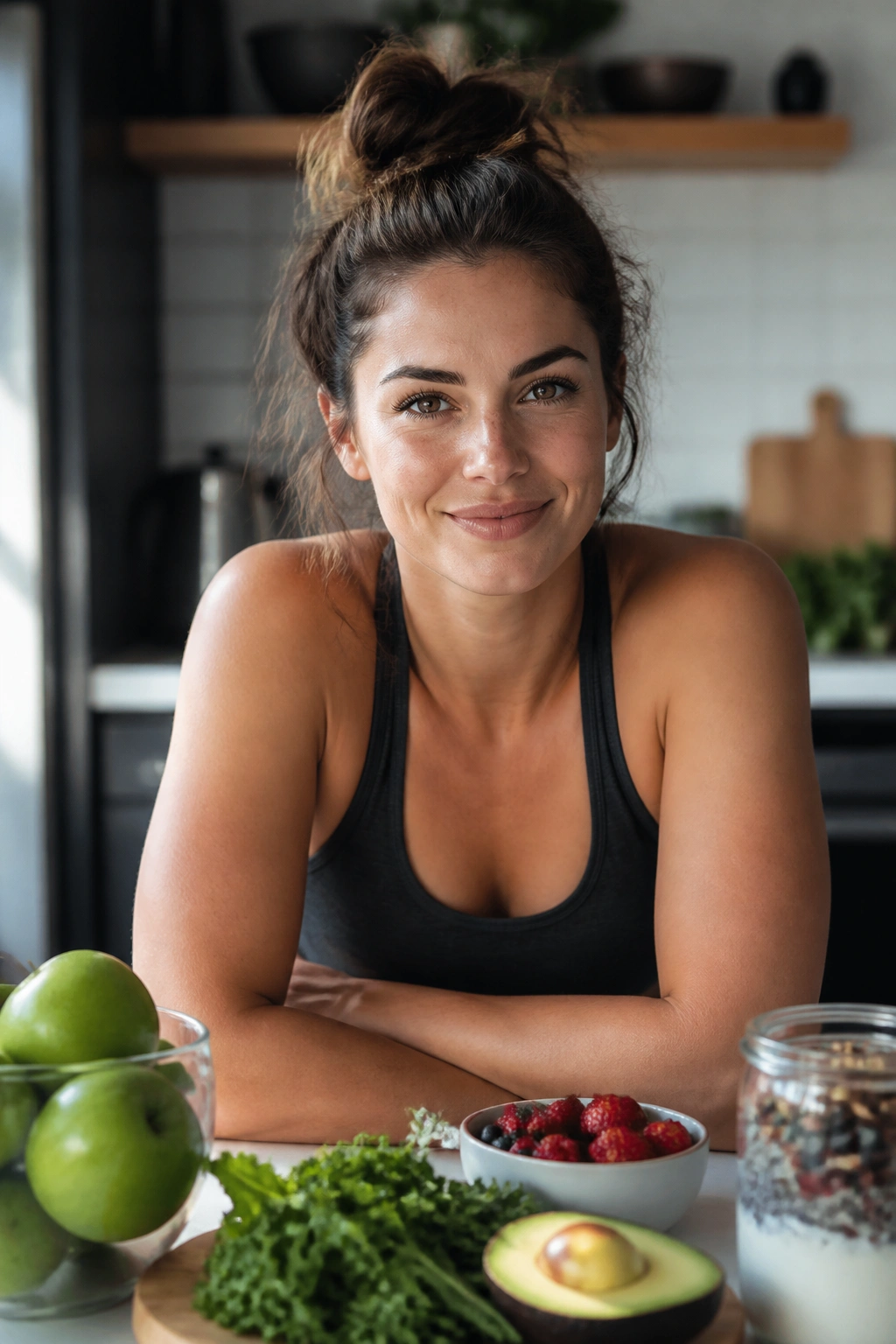 Close-up portrait of a real person in a kitchen, calm confident expression, representing progress in nutrition