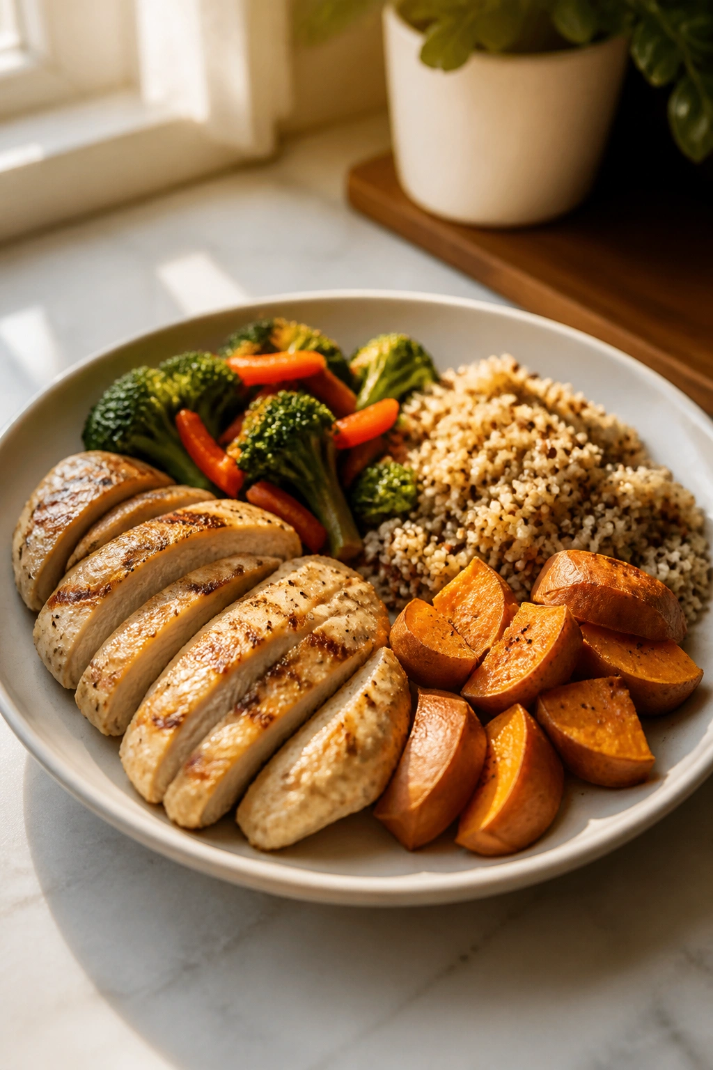 Plate with balanced portions for nutrition reset in a kitchen