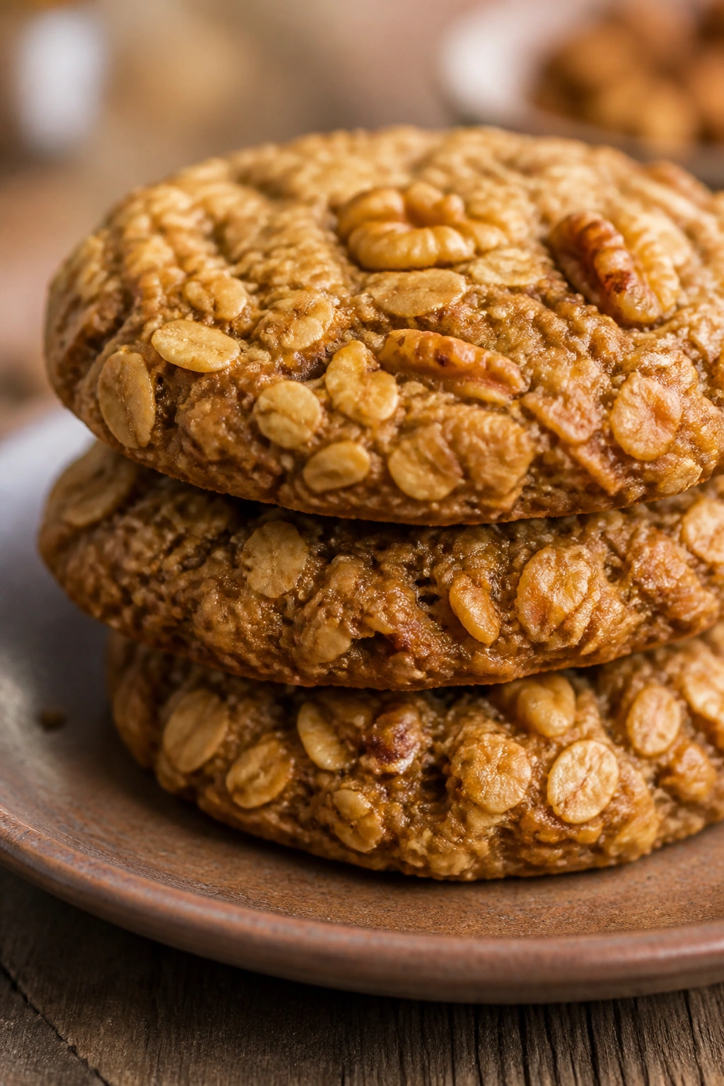Three oat and nut breakfast cookies on a plate.