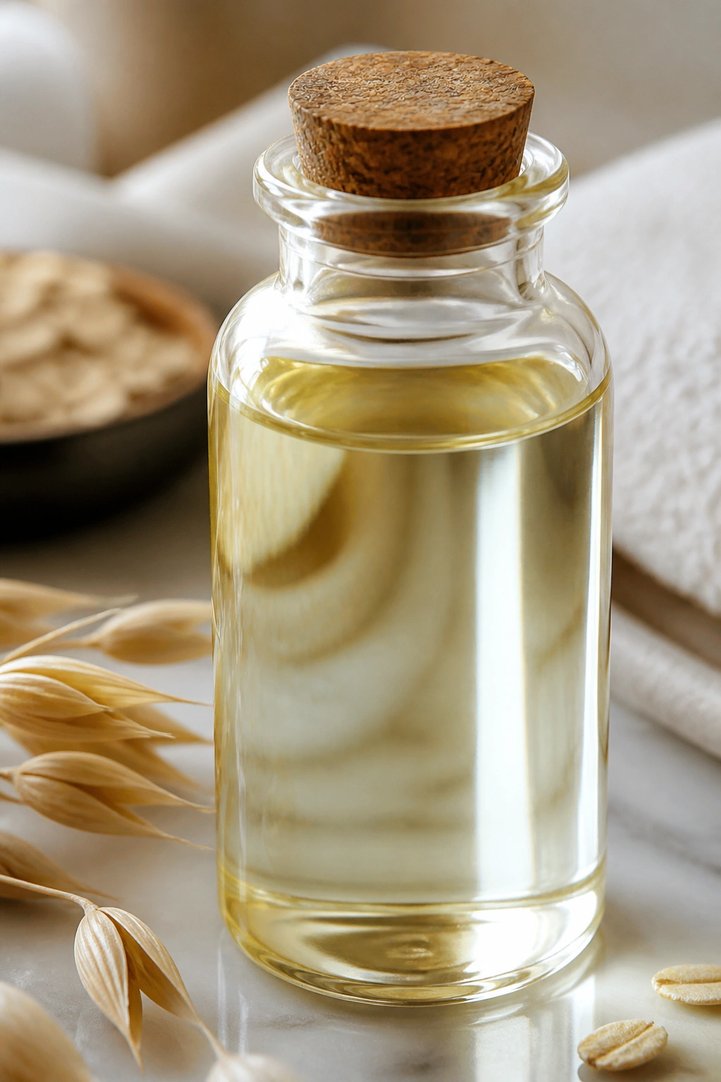 Close-up of oat oil bottle on bathroom vanity