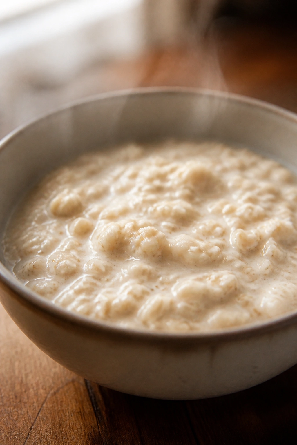 Close-up of steaming oatmeal in a small bowl on a wooden table