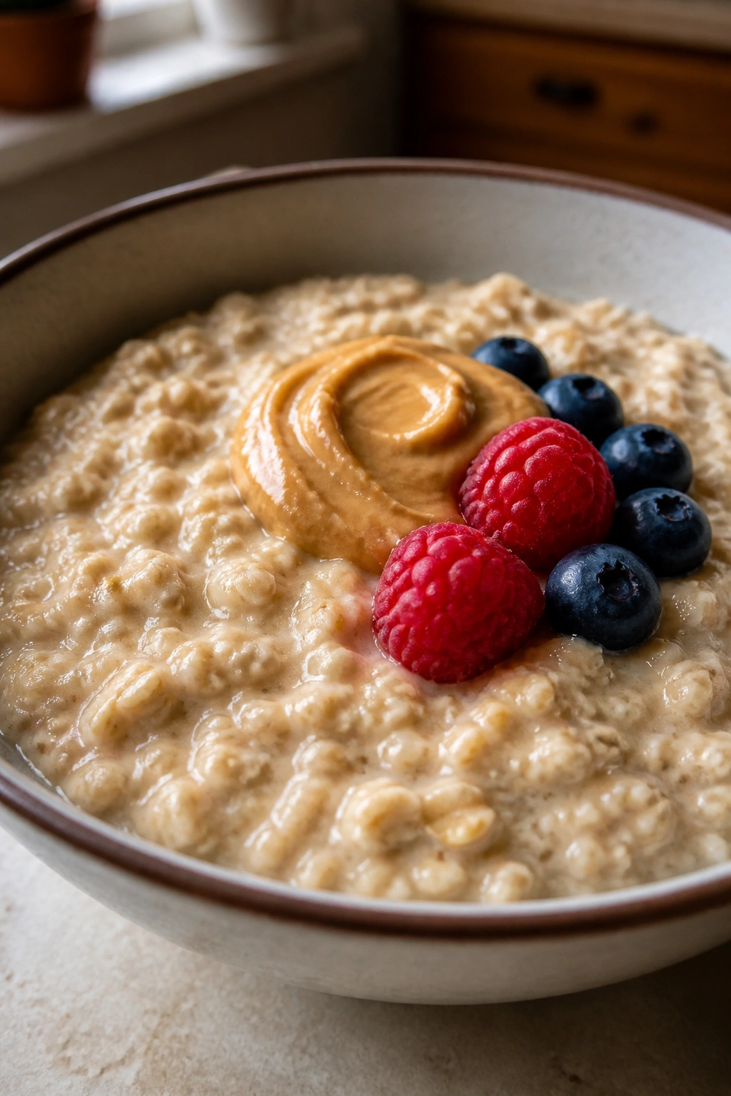 Generous bowl of oatmeal with toppings on a kitchen counter