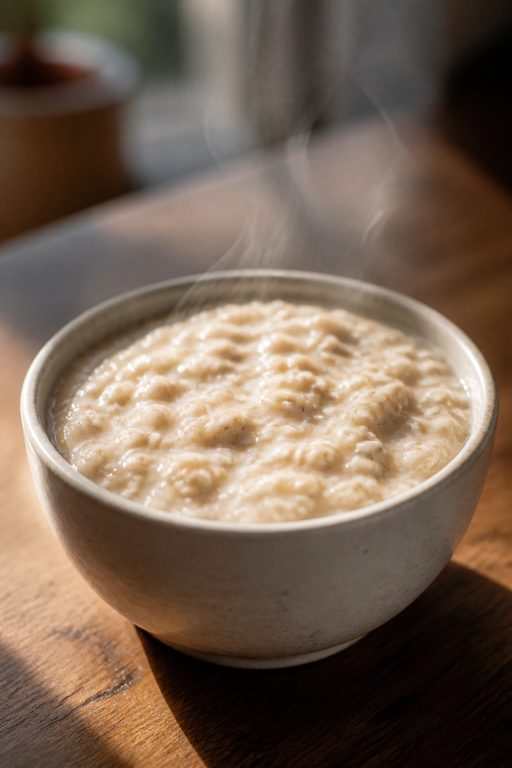 Bowl of plain oatmeal on a wooden table with steam