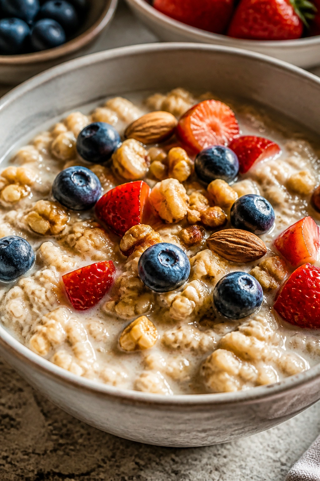 Close-up of oatmeal with milk, nuts, and berries
