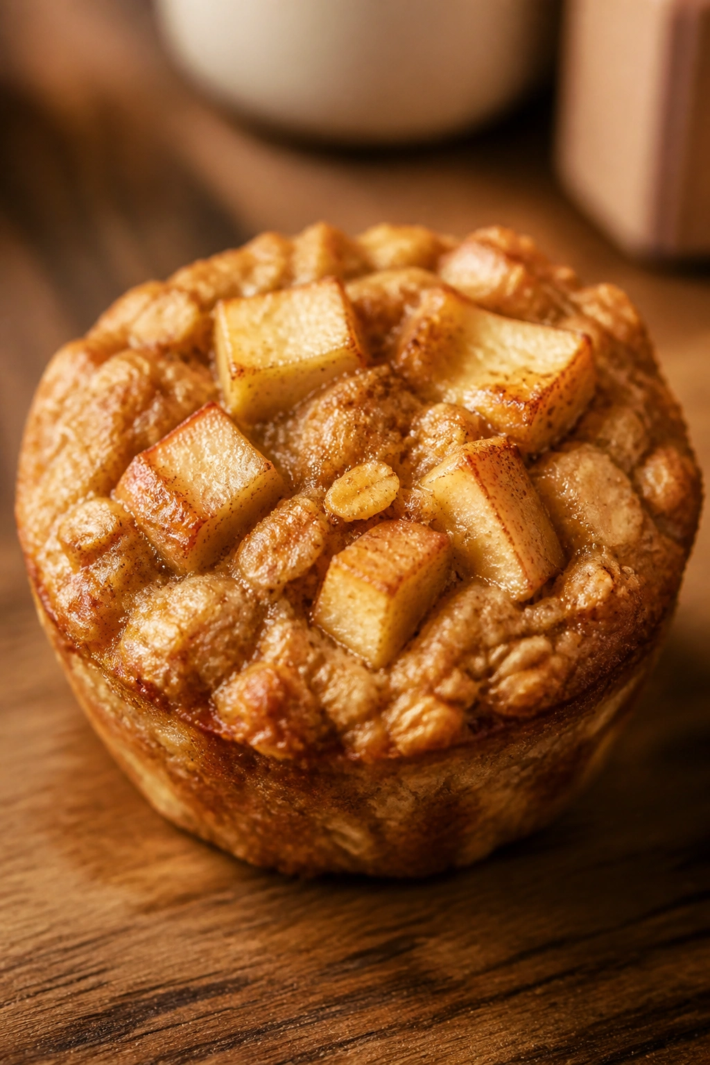 Close-up of an apple cinnamon baked oatmeal cup on a wooden surface