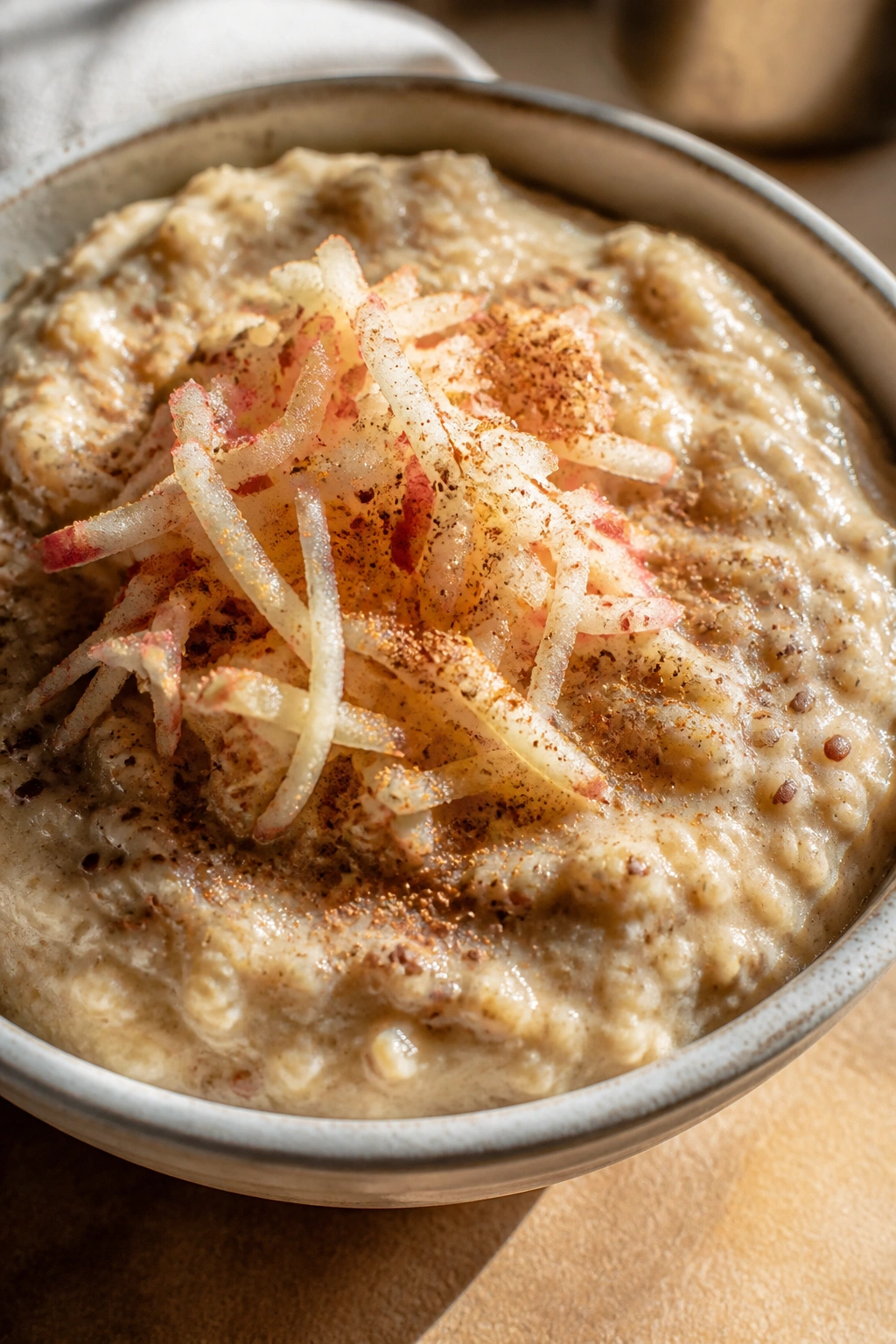 Close-up of Oatmeal Flax Breakfast Bowl topped with apple and cinnamon.