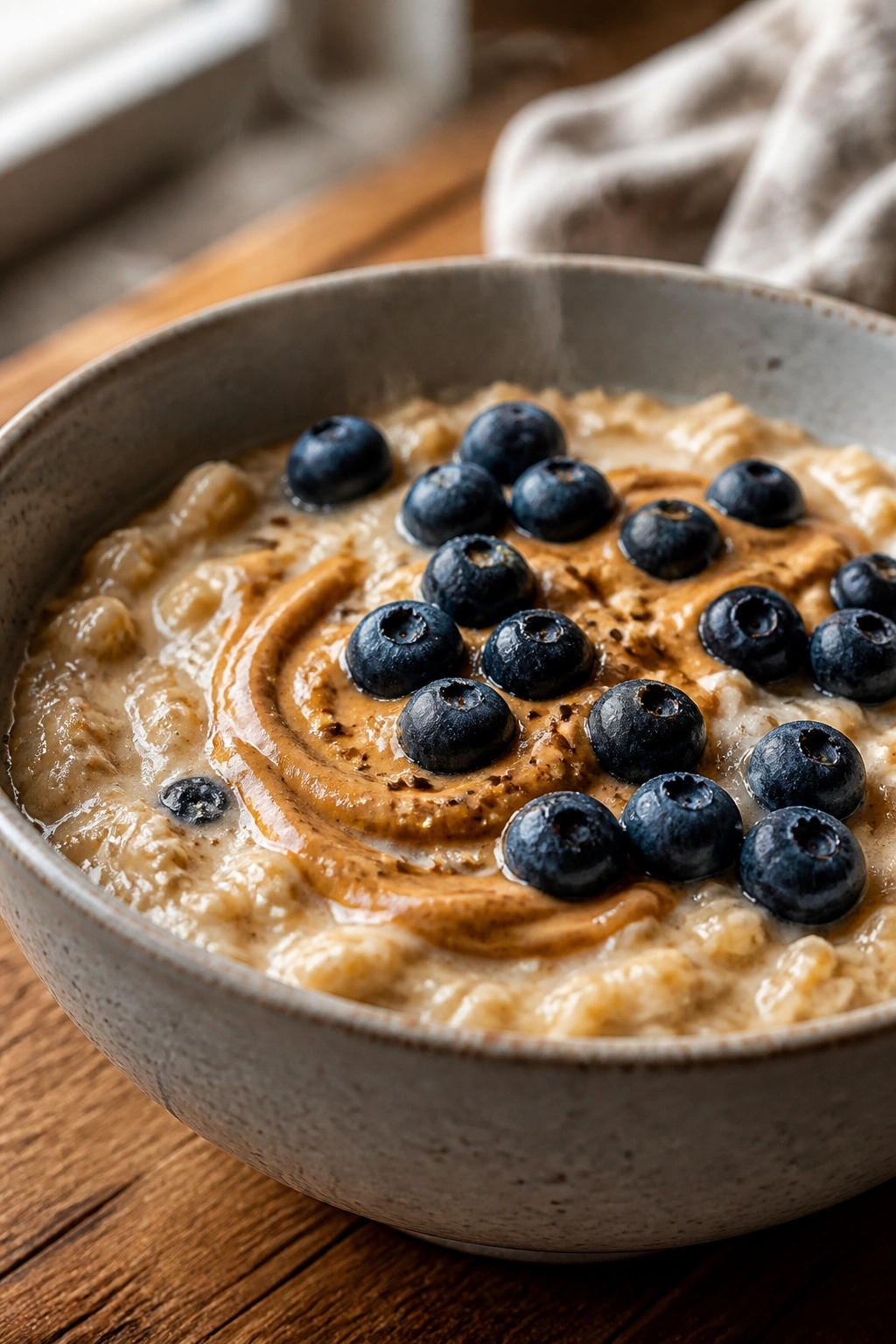 Close-up of oatmeal with nut butter and blueberries in a bowl