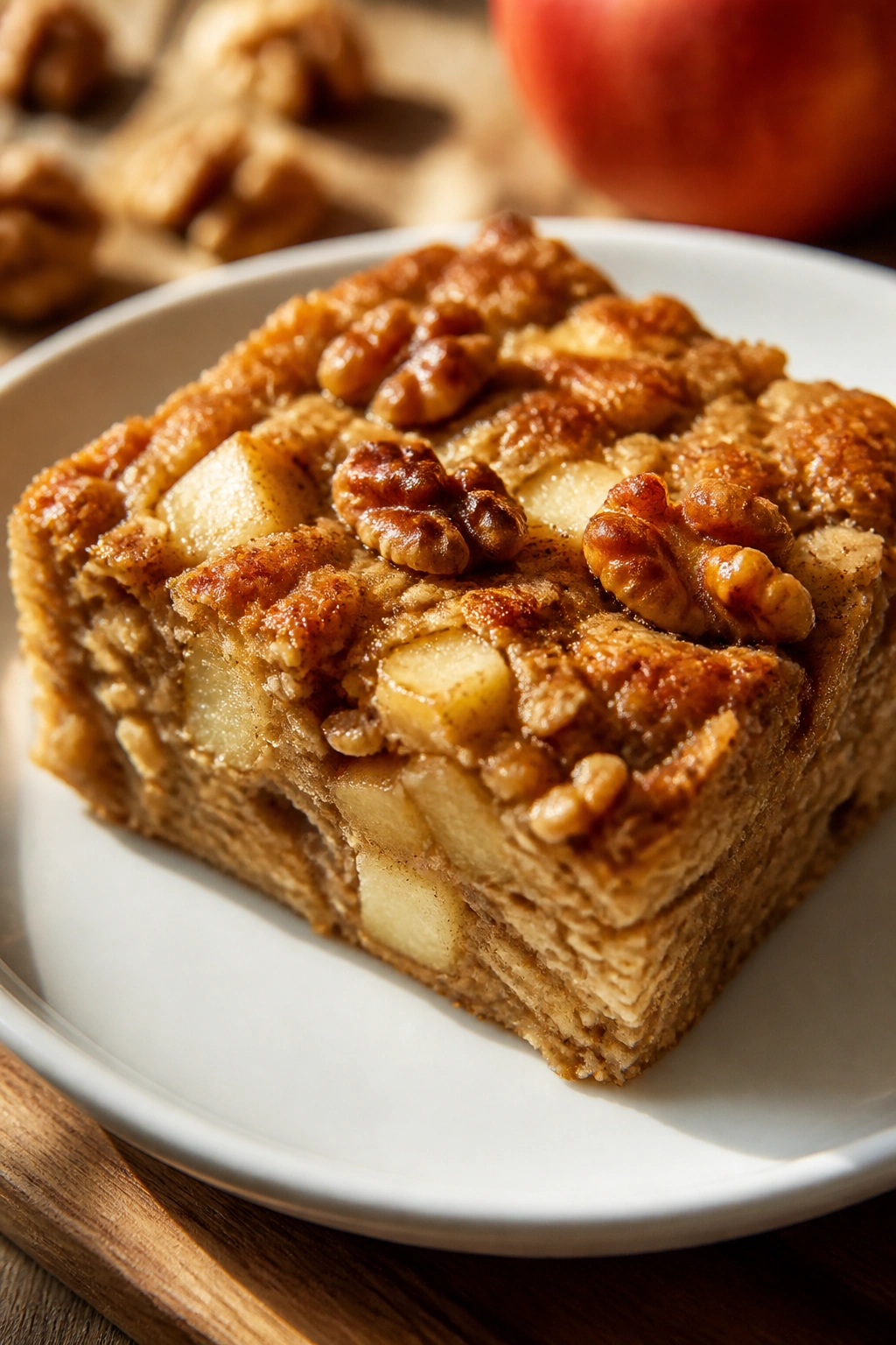 Close-up of apple cinnamon baked oatmeal square on plate