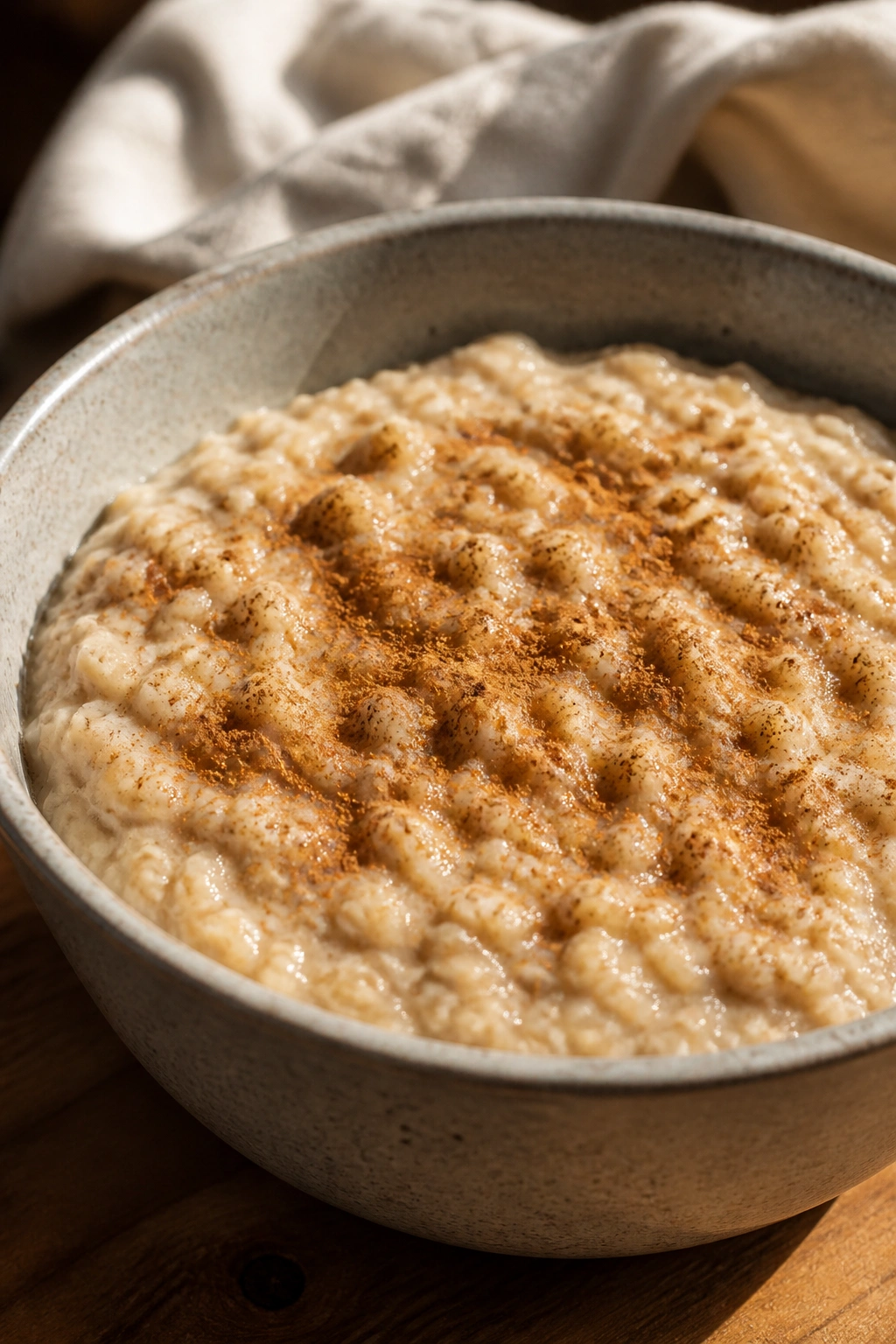 Thick bowl of cooked oats with cinnamon on a wooden table in morning light.