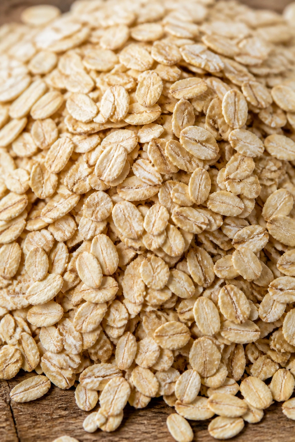 Pile of dry oats on wooden surface, budget-friendly carb staple.