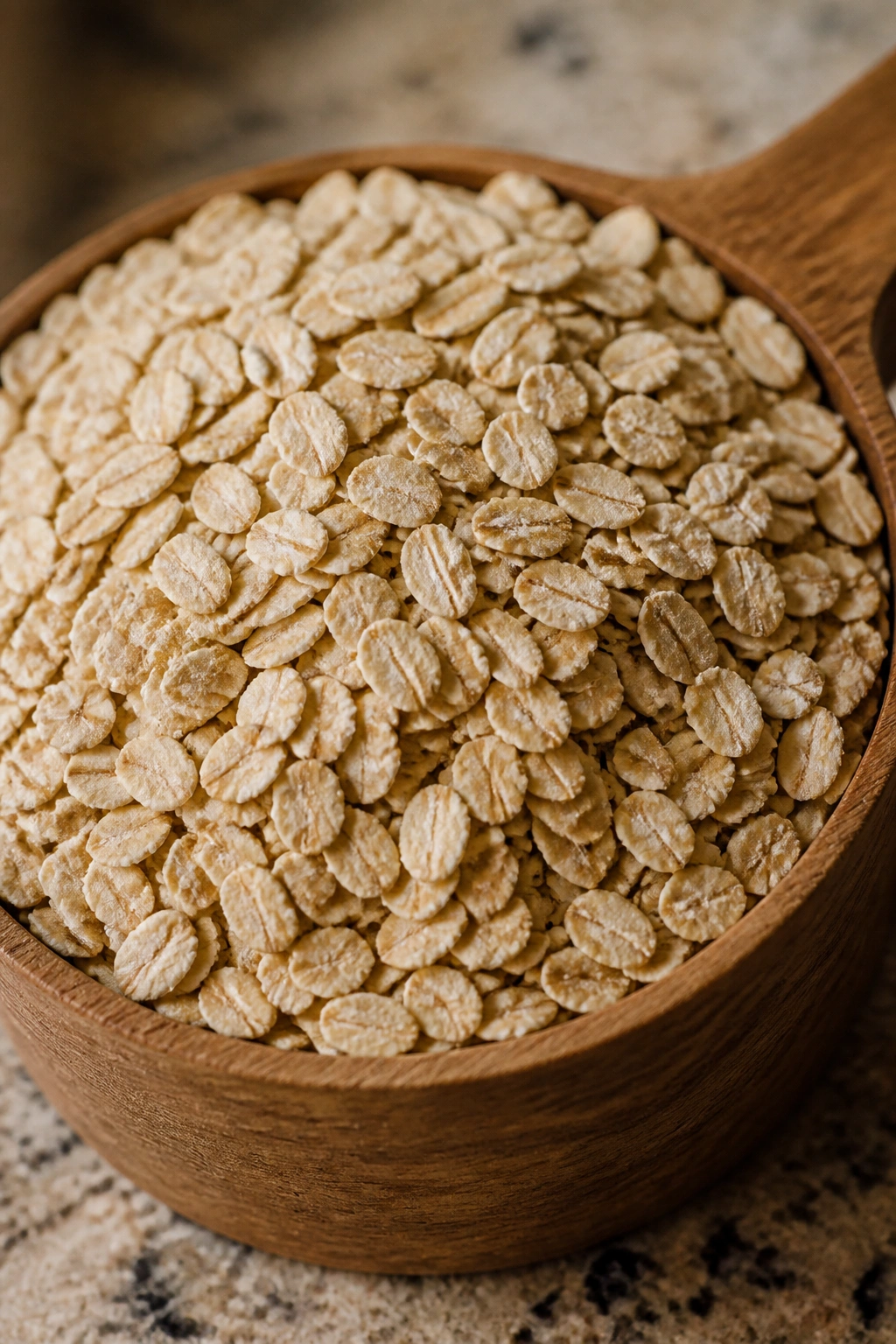 Dry rolled oats in a wooden measuring cup