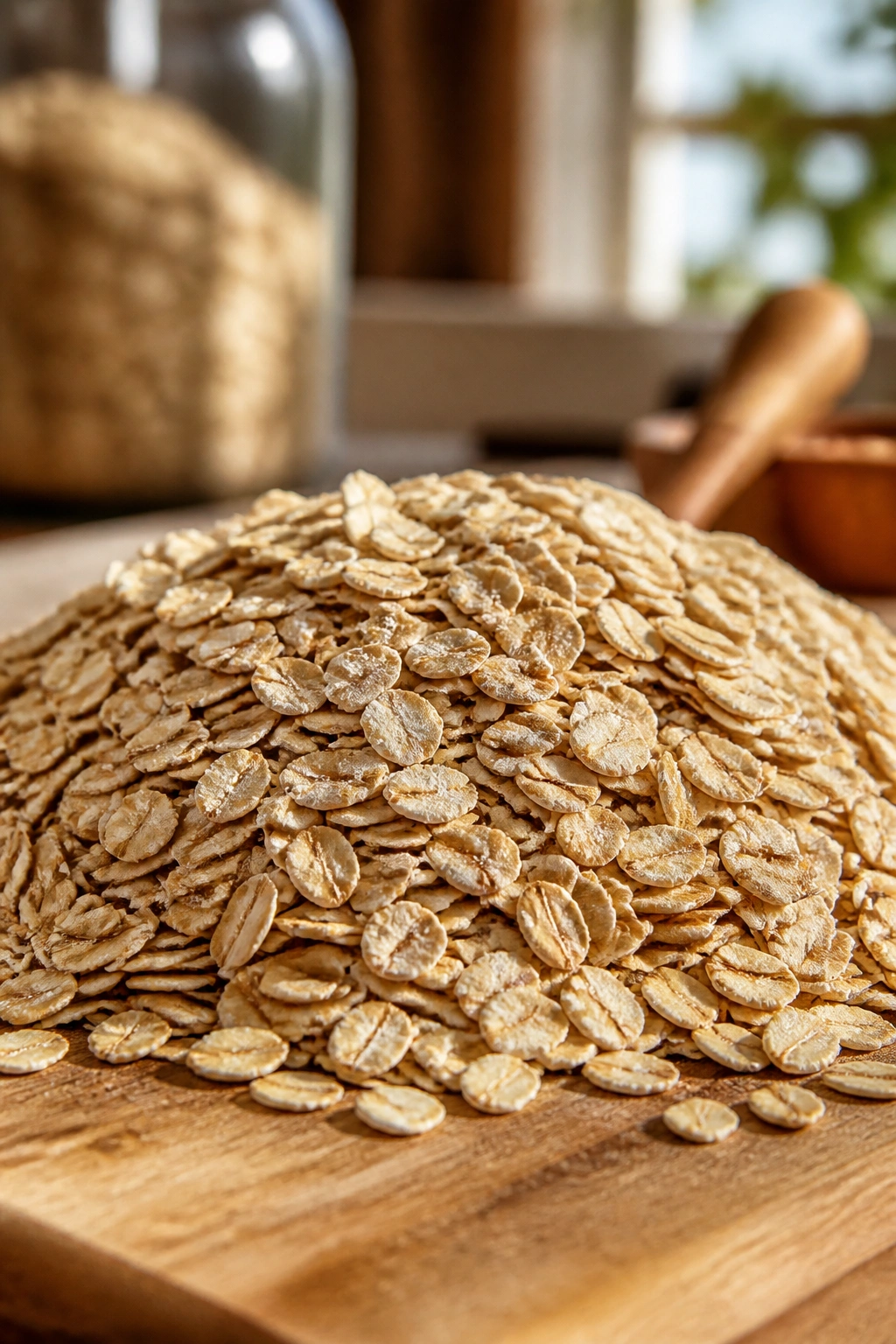 Close-up of a generous mound of oats on a wooden board