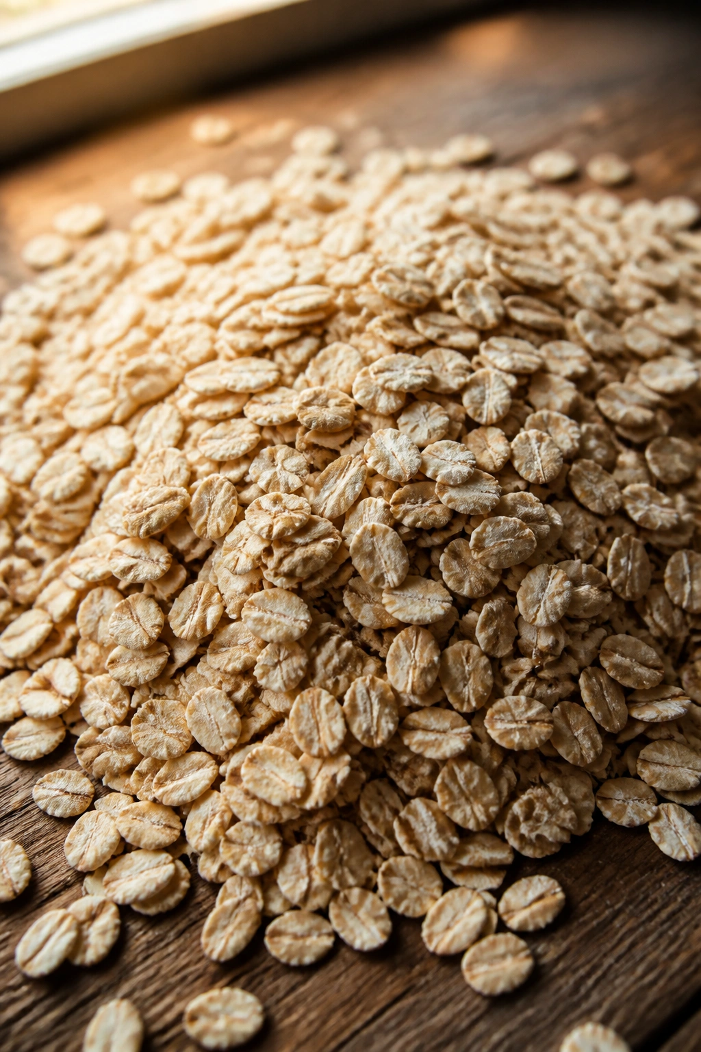 Close-up of rolled oats filling the frame on a wooden counter, morning light