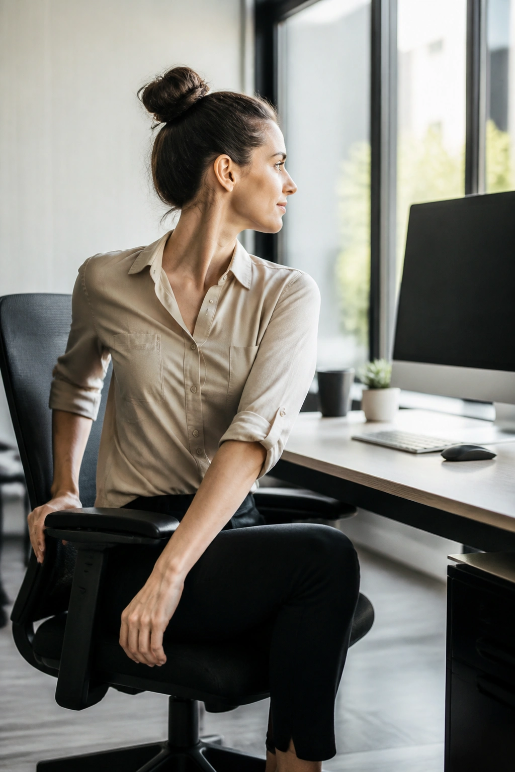 Person seated at desk performing seated twist at office workstation