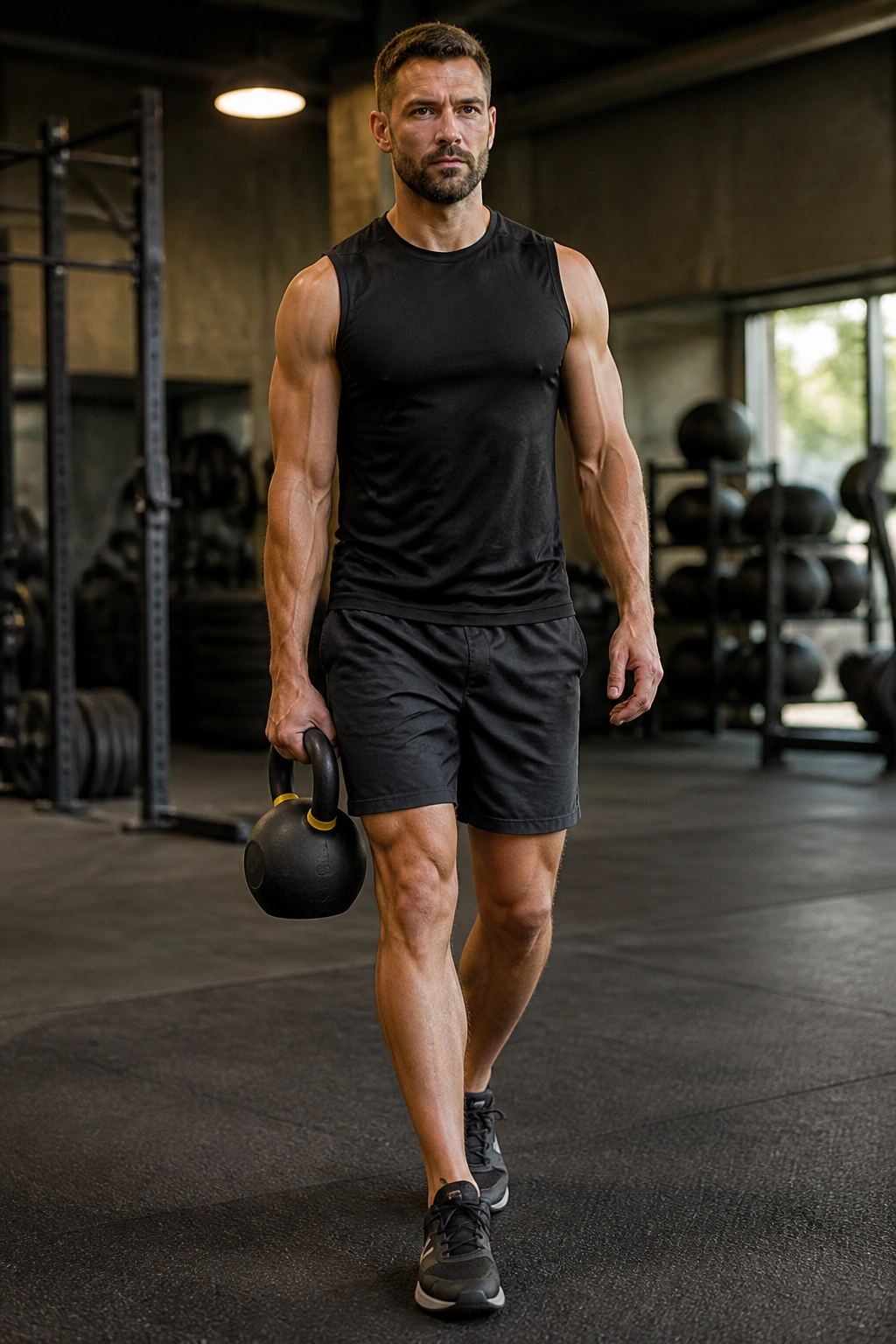 Athlete in gym performing suitcase carry with kettlebell on one side