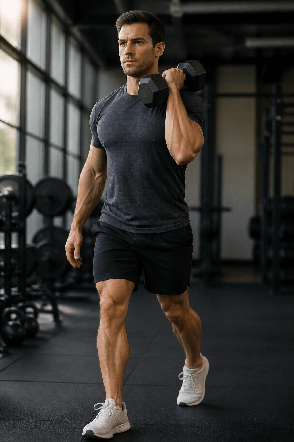 Person performing offset front rack carry holding weight on one side in gym