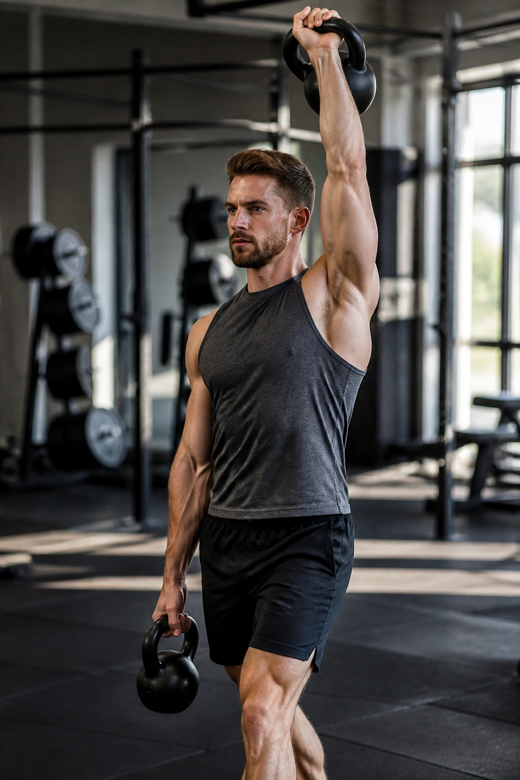 Close-up of a fit person performing an offset overhead carry with kettlebells in a gym, core engaged