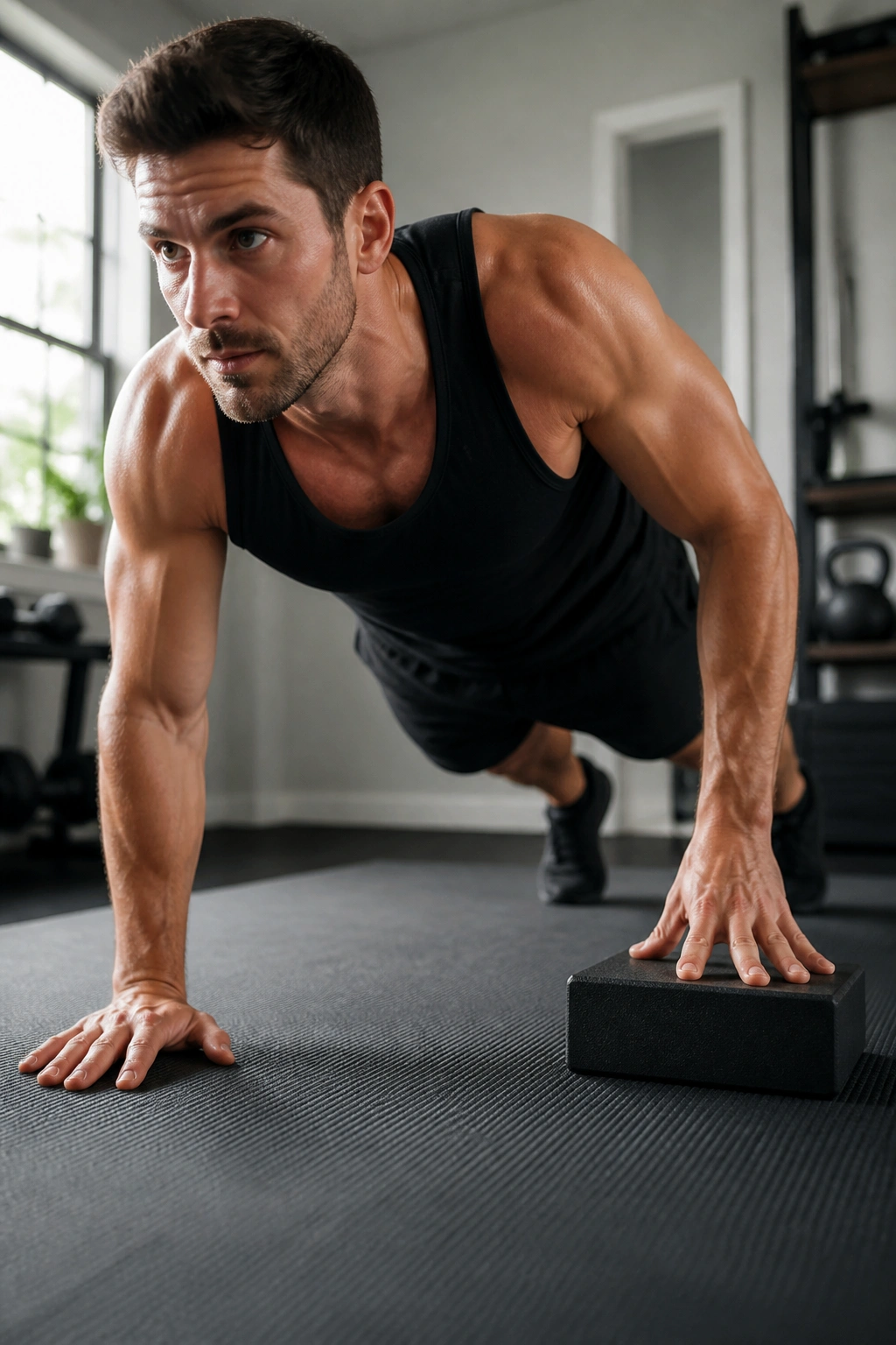 Close-up of offset push-ups with one hand raised on a block during a training set on a gym mat