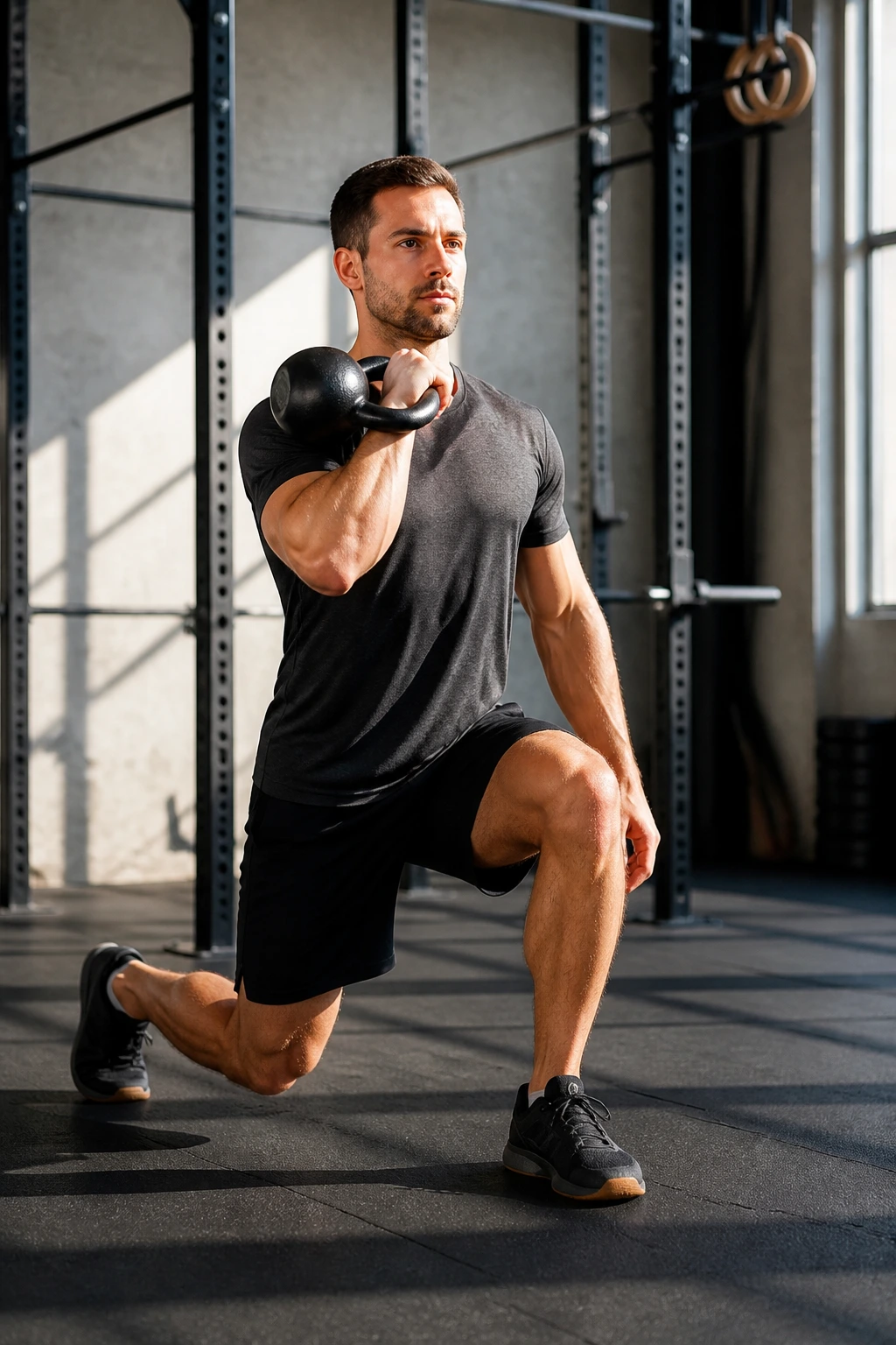 Athlete with kettlebell in rack on one side performing offset walk and lunge.