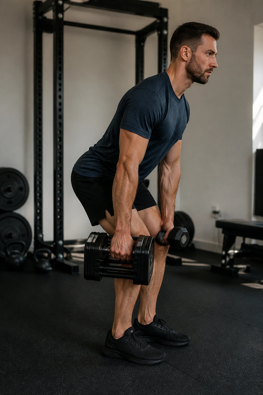 Person performing suitcase deadlift with uneven dumbbells in a small home gym