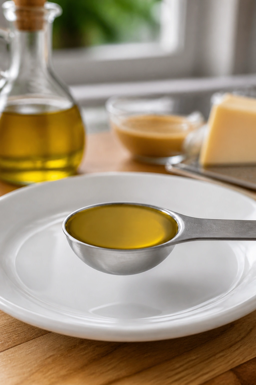 Leveled olive oil on a measuring spoon