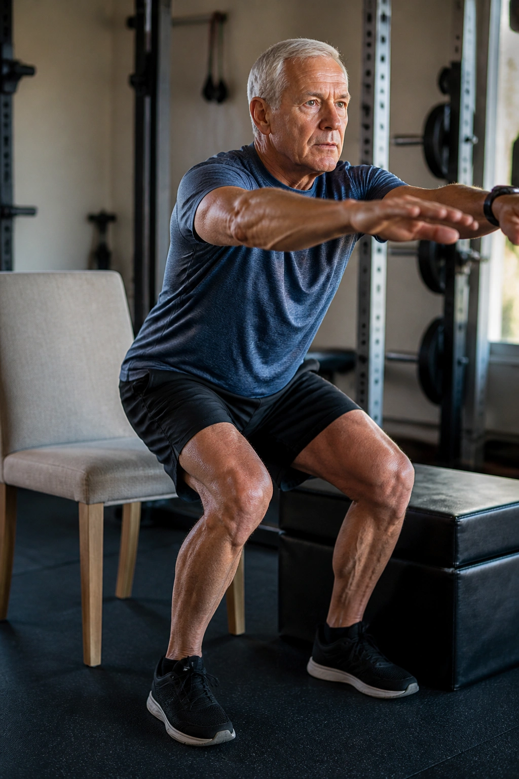 Older adult performing a controlled squat-to-box safely