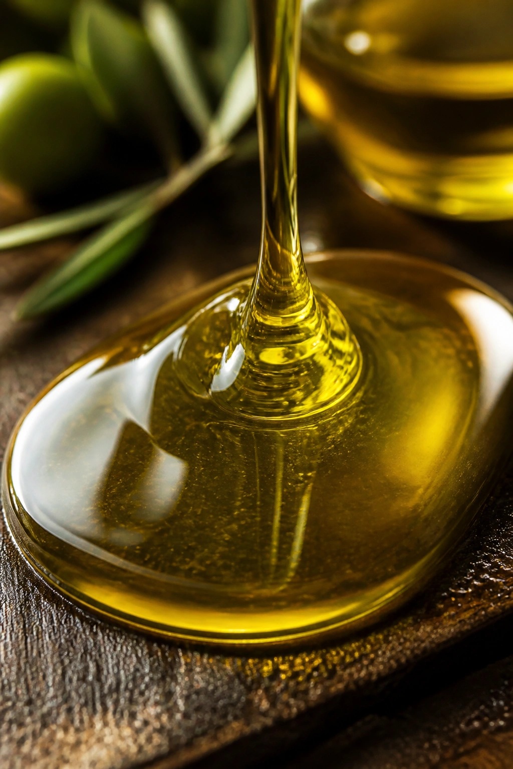 Glossy pool of olive oil on a dark wooden surface