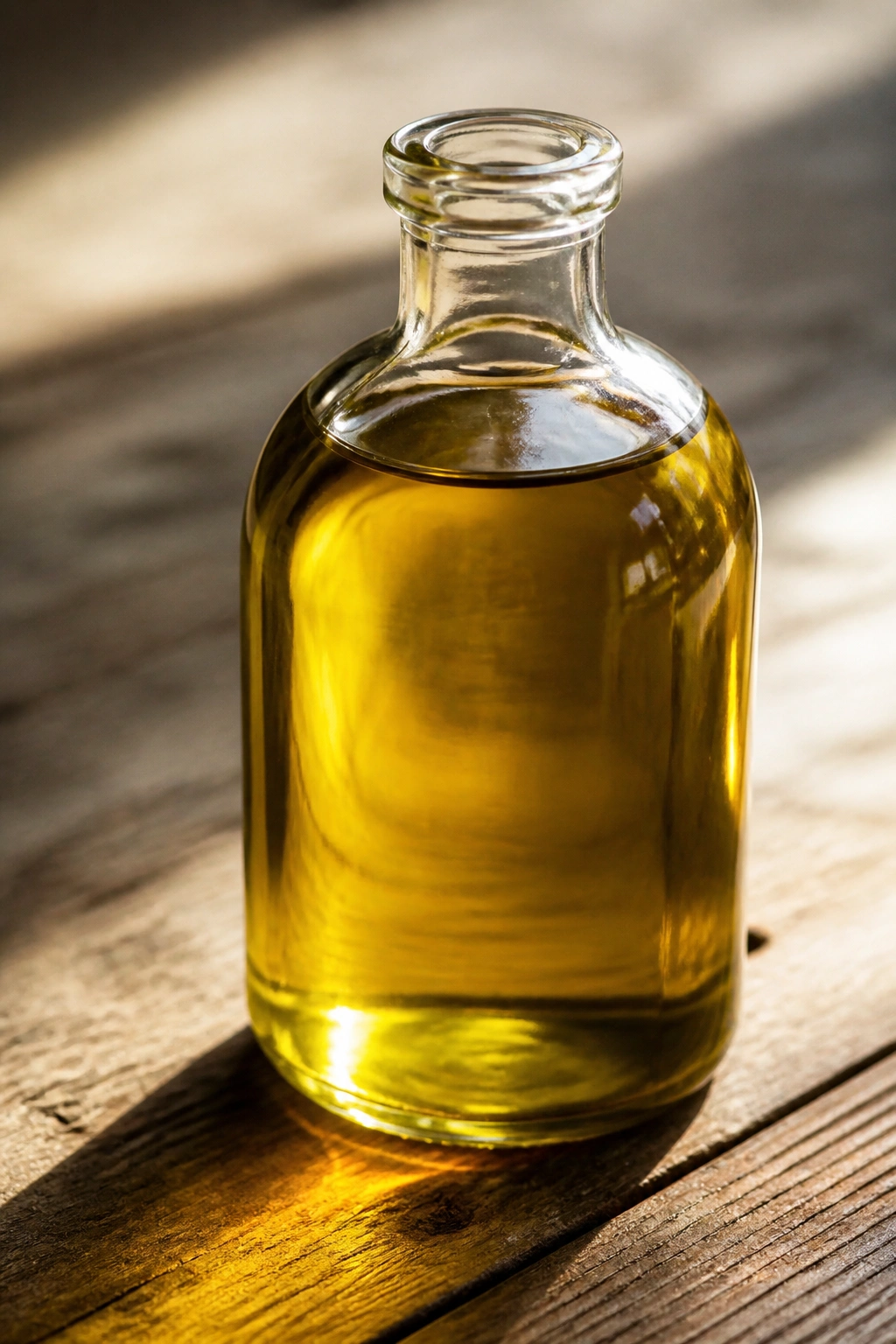 Close-up of unlabeled olive oil bottle on wooden surface