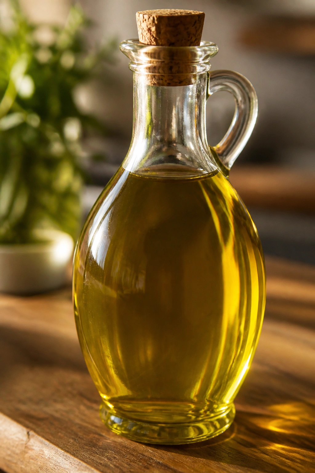 Close-up of an unlabeled glass bottle of olive oil on a wooden counter