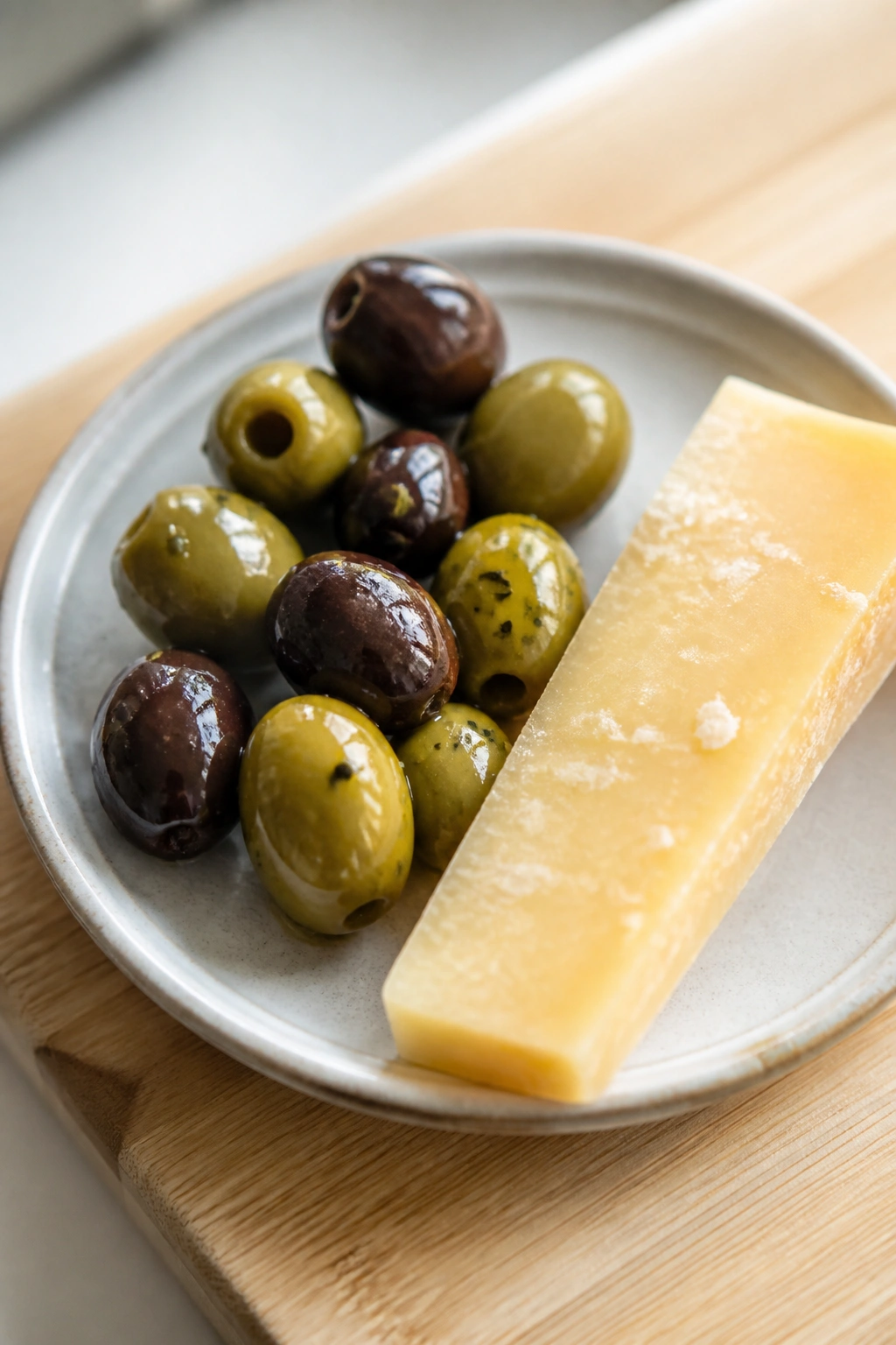 Close-up of olives and cheese on a wooden board.