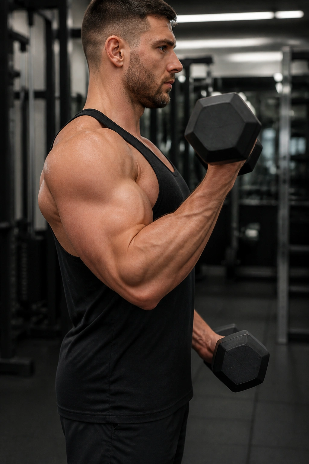 Arm performing one-and-a-half curl with elbow fixed in a gym