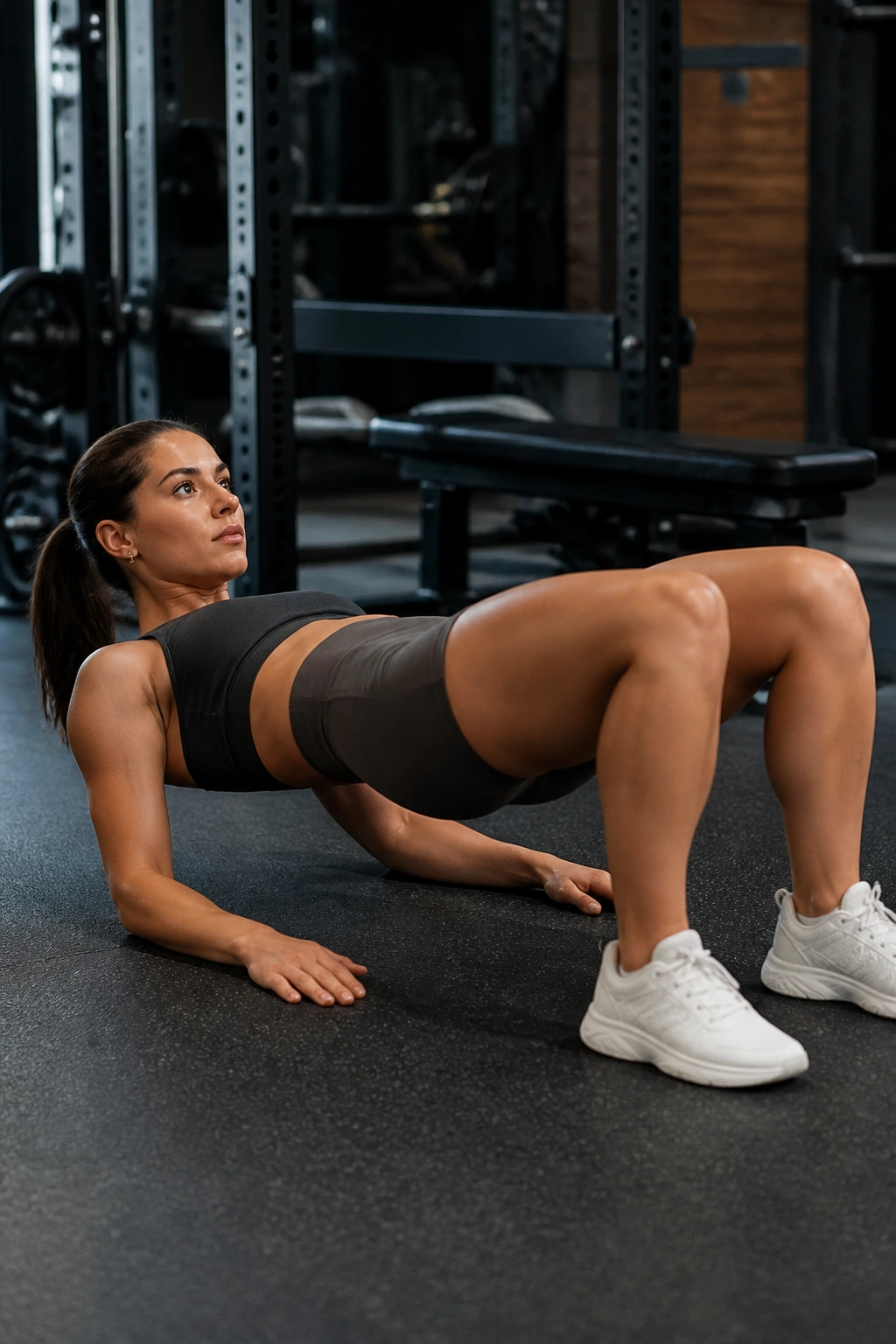 Medium close-up of a lifter performing one-and-a-half rep glute bridge in a gym