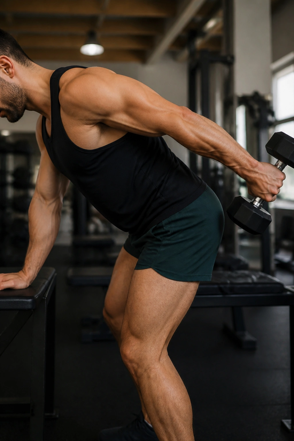 One-and-a-half rep kickback captured mid-movement with elbow fixed
