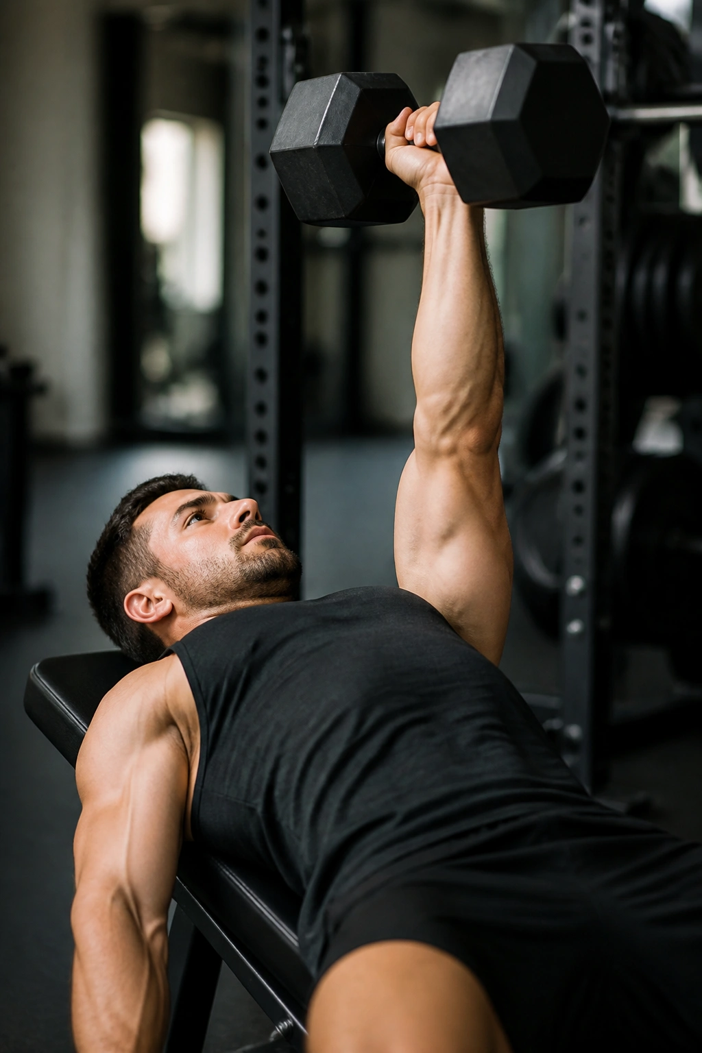 Chest and arm in a one-arm dumbbell bench press mid-rep